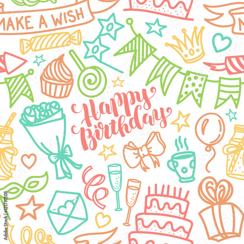 Birthday party lettering and doodle seamless pattern
