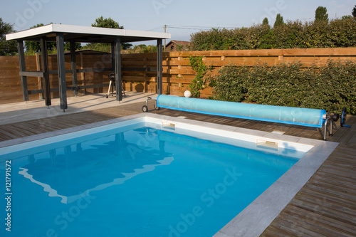 beautiful house  swimming pool view summer day