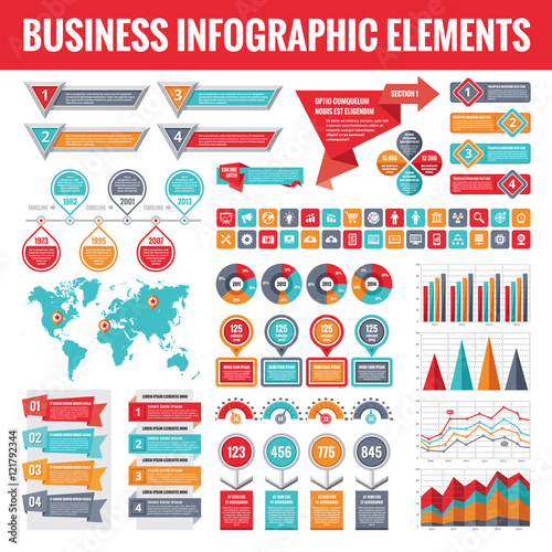 Big set of business infographic elements for presentation, brochure, web site and other projects. Abstract infographics templates in flat style design. Vector concept illustration and icons.