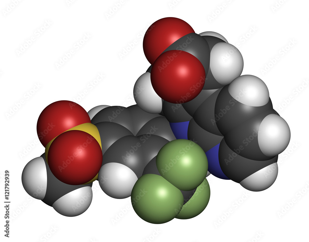 Fevipiprant asthma drug molecule. 3D rendering. Fevipiprant asthma drug molecule. 3D rendering.