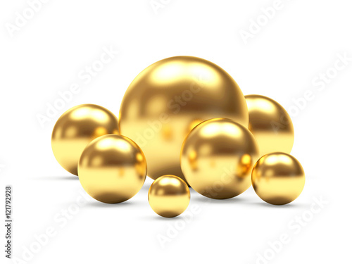 Group of shining golden spheres of different diameters. 3D illustration