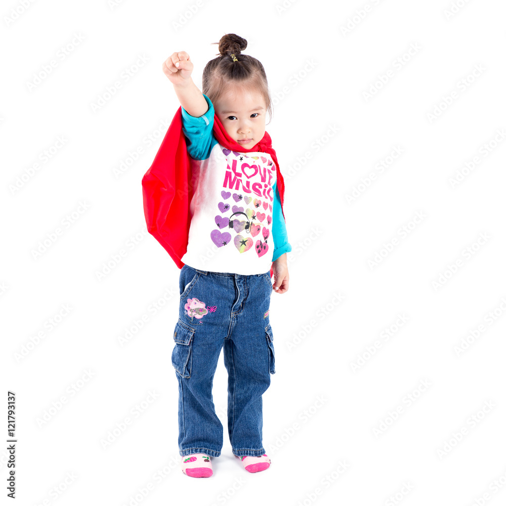 Superhero little asian girl in a red raincoat on white backgroun Superhero little asian girl in a red raincoat on white backgroun