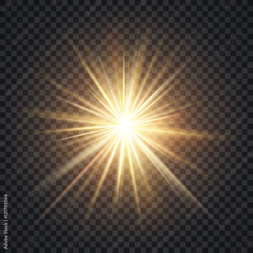 Vector realistic starburst lighting effect, yellow sun with rays and glow on transparent background