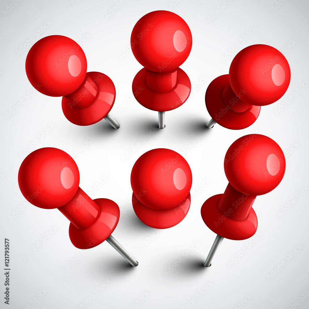 Red push pins, thumbtack vector set Red push pins, thumbtack vector set