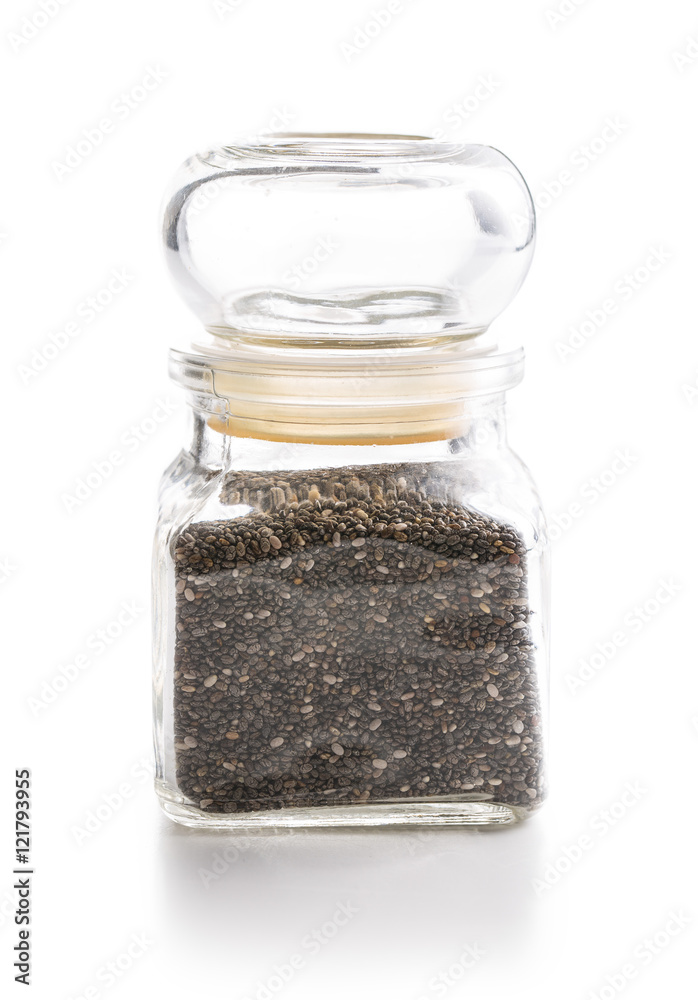 Chia seeds in jar. Chia seeds in jar.
