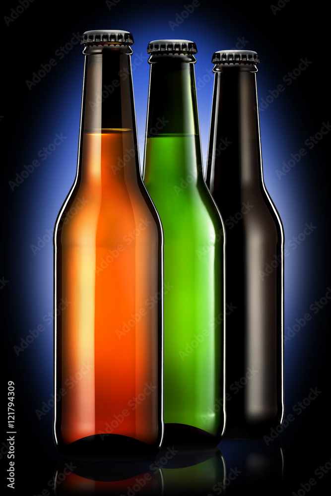 Set of beer bottles with clipping path isolated on black gradient background Set of beer bottles with clipping path isolated on black gradient background