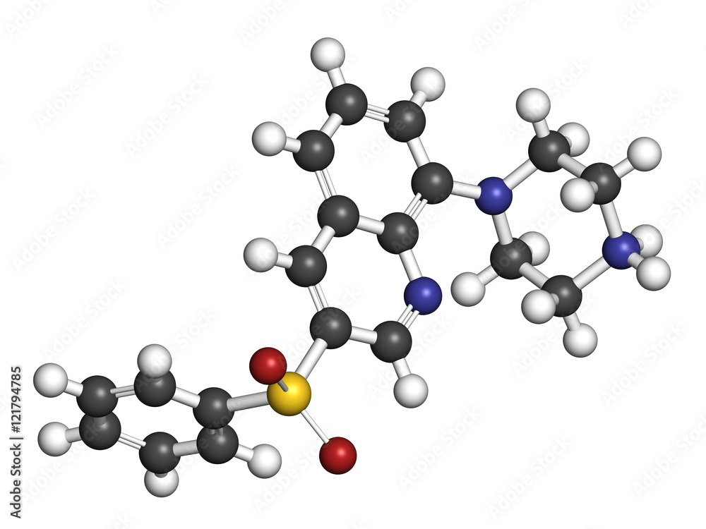 Intepirdine Alzheimer's disease drug molecule. 3D rendering. Intepirdine Alzheimer's disease drug molecule. 3D rendering.