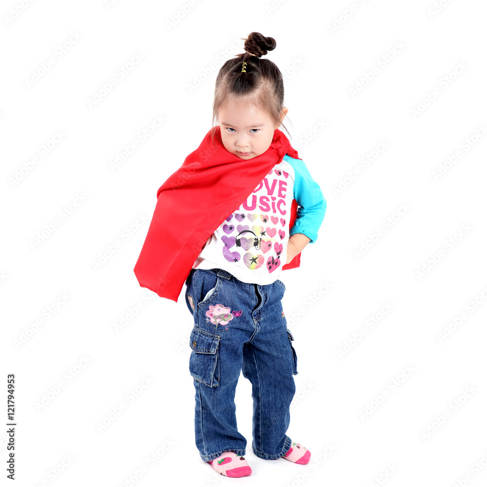 Superhero little asian girl in a red raincoat on white backgroun Superhero little asian girl in a red raincoat on white backgroun