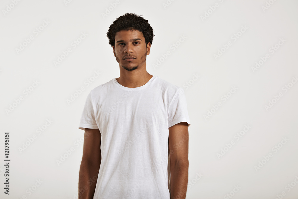 Fit and sexy young black man with an afro wearing a clean unlabeled white t-shirt Fit and sexy young black man with an afro wearing a clean unlabeled white t-shirt
