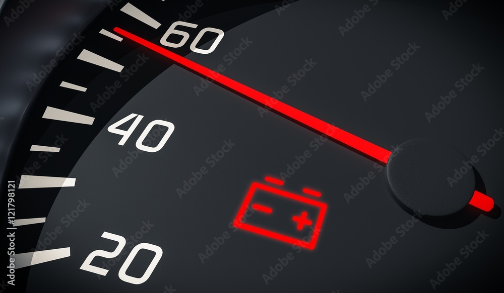 Discharged battery warning light in car dashboard. 3D rendered illustration. Discharged battery warning light in car dashboard. 3D rendered illustration.