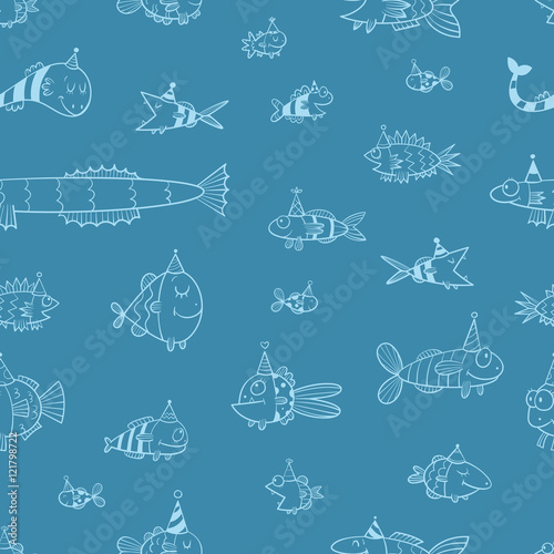 Birthday seamless pattern with cute cartoon fishes  in party hat  on blue  background. Underwater life. Funny sea animals. Children's illustration. Vector contour image. © voron4ihina