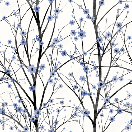 Seamless pattern with blue cherry tree blossom
