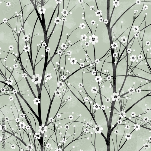 Seamless pattern with white cherry tree blossom and mint green background