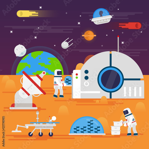Сolonization of Mars. Space landscape, rover, astronaut , earth, planets, stars, comets, moon, clouds, mountains, space station, satellite, space infographics elements - flat vector illustration