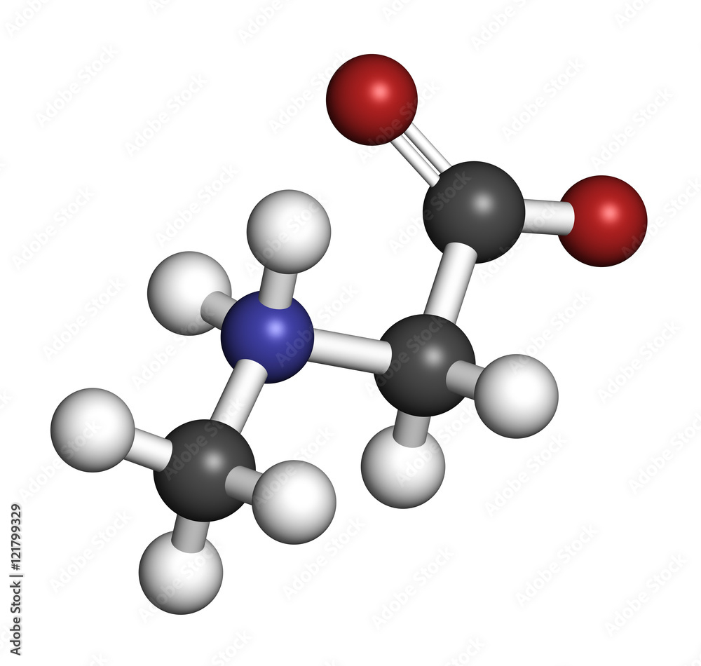 Sarcosine (N-methylglycine) molecule. 3D rendering. 