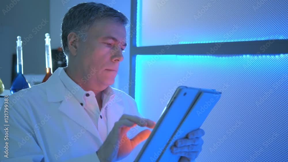 Blue light surrounds this chemist or scientist standing next to a panel working with his electronic tablet pc. Blue light surrounds this chemist or scientist standing next to a panel working with his electronic tablet pc.