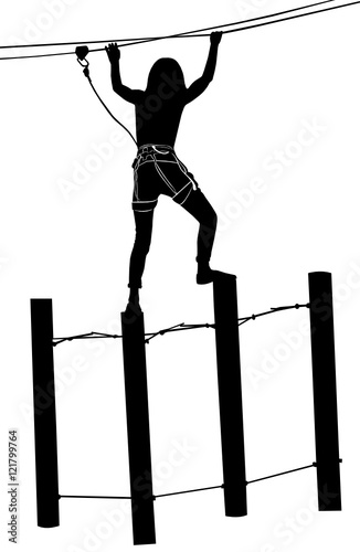 adventure park rope ladder. Woman on cables in an adventure park on a difficult course. Adventure. adventure park. adventure park vector black silhouette isolated on white background