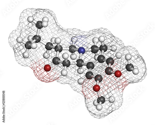 Tetrabenazine hyperkinetic disorder drug molecule. 3D rendering.