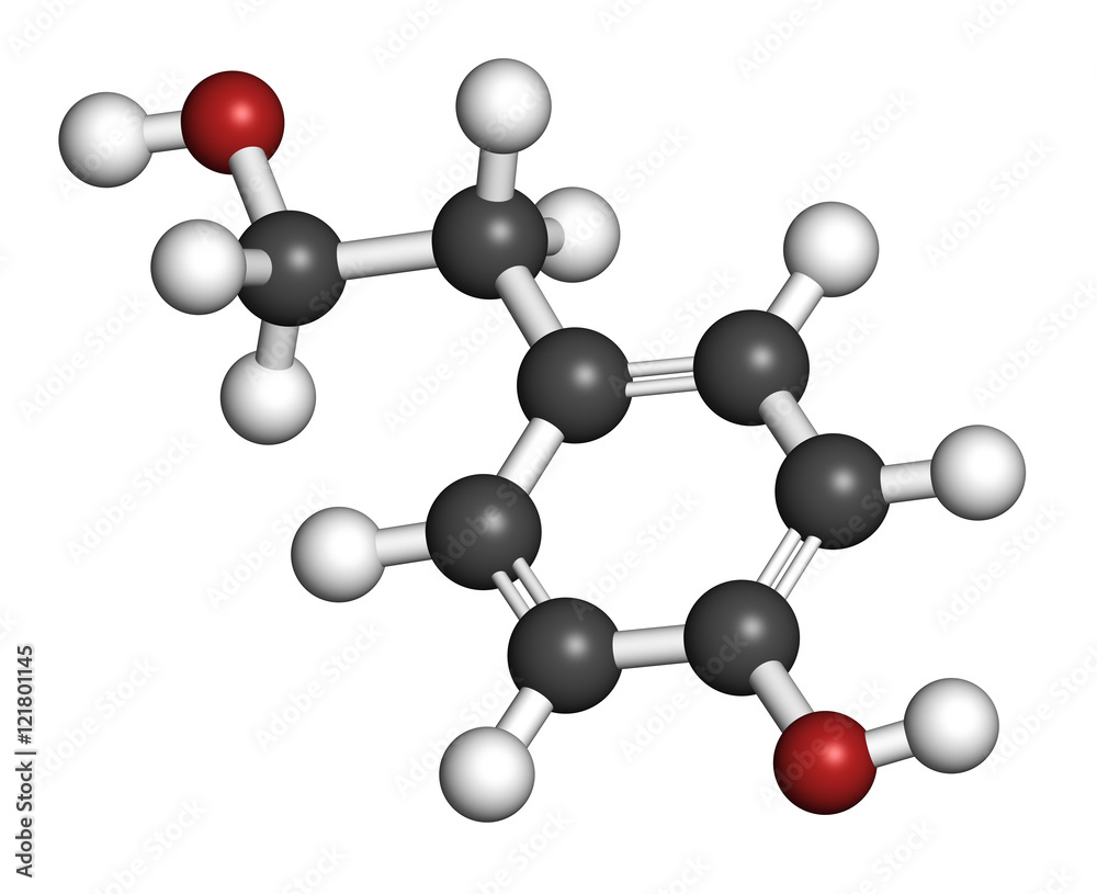Tyrosol olive oil antioxidant molecule. 3D rendering. Tyrosol olive oil antioxidant molecule. 3D rendering.