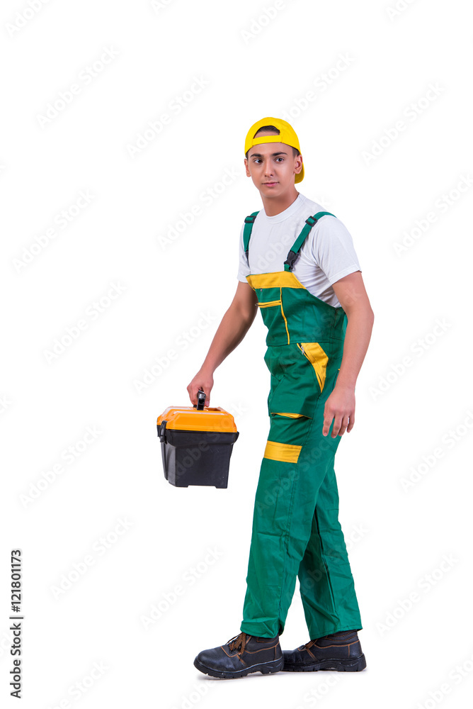 Young man with toolkit toolbox isolated on white Young man with toolkit toolbox isolated on white