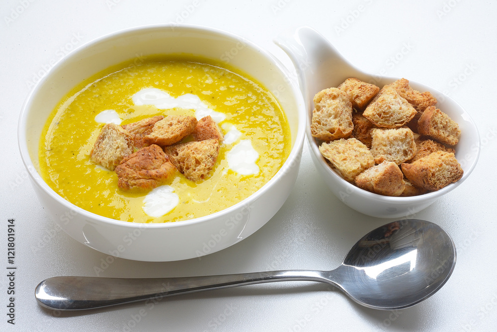 Pumpkin cream soup with croutons