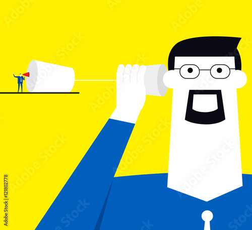Listening and  speaking / A small business person is talking and a big business person is listening.