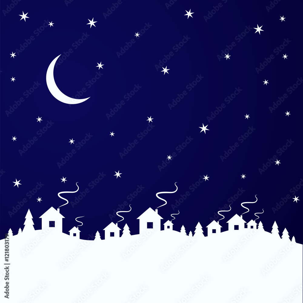 vector illustration. Winter background, Christmas tree and houses in the village. Sky, moon and stars.