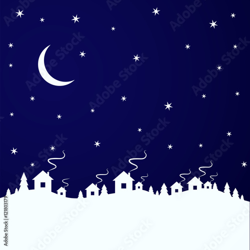 vector illustration. Winter background, Christmas tree and houses in the village. Sky, moon and stars.