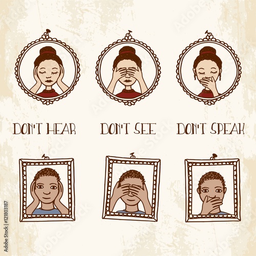 Don't hear - don't see - don't speak - little hand drawn faces in picture frames