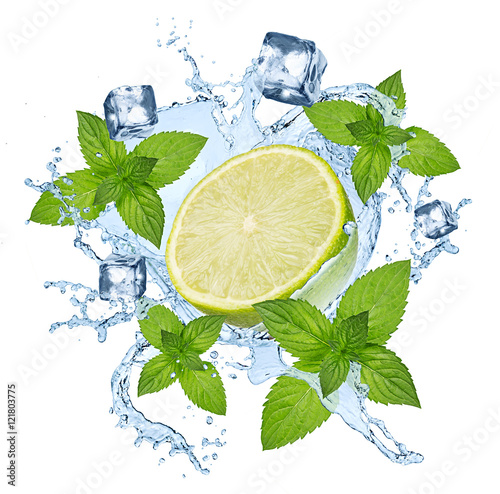lime lemon water splash with ice cubes isolated on white background