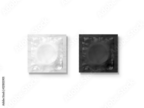 Blank white and black condom packet mockup, isolated, clipping path, 3d illustration. Sexual protection rubber packaging design mock up, front and back side. Condoms sachet pack branding template.