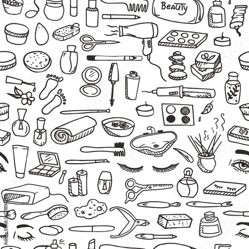 Hand-drawn doodle seamless pattern with different beauty salon objects. Line art repeated background.