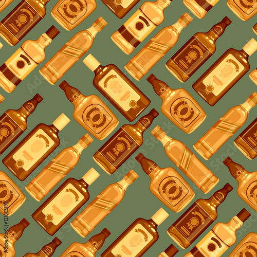 Whisky bottles seamless pattern background.