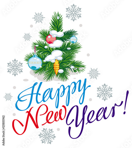 Holiday banner with Christmas tree and artistic written text:"Happy New Year!". Vector clip art.