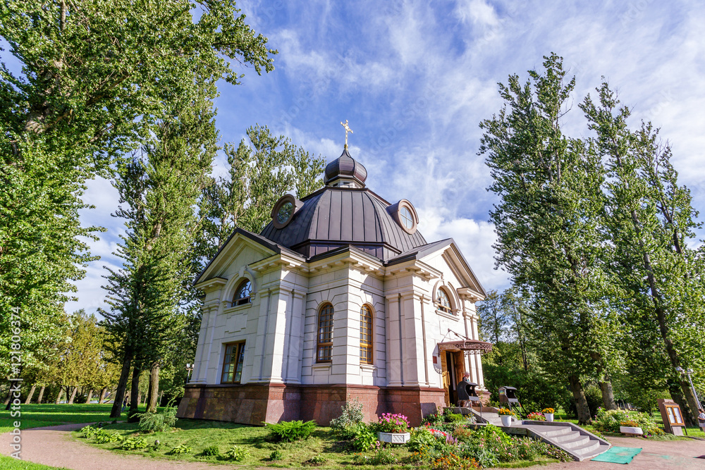 The temple chapel of All Saints, in the Russian land of lit up. Moscow Victory park, St. Petersburg The temple chapel of All Saints, in the Russian land of lit up. Moscow Victory park, St. Petersburg