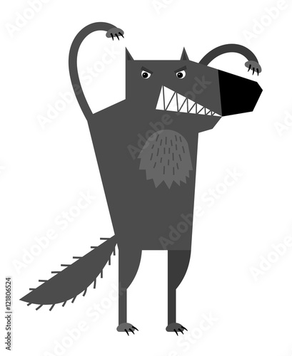 Scary gray wolf with a long tail