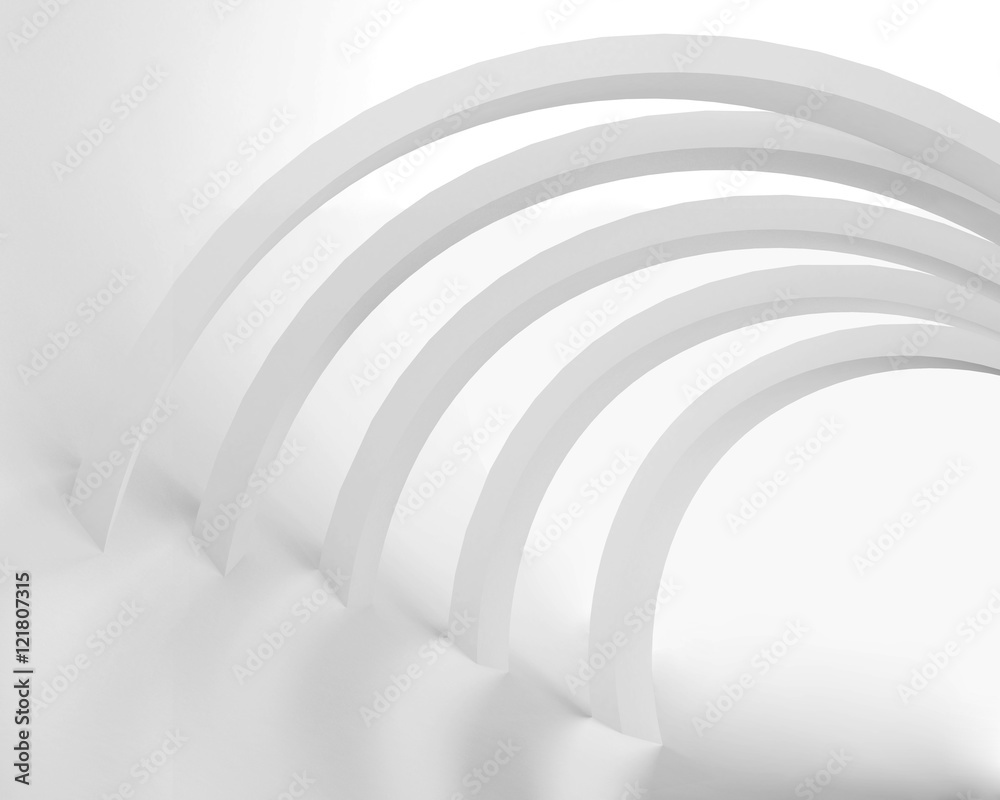 Obraz premium 3d illustration. White abstract architectural background, render. The composition of repeating circular curved lines, arcs in perspective.