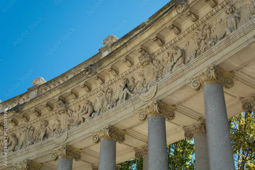 Colonnade Sculpture Group Detail - Monument of Alfonso XII, Pond of the Park of the Pleasant Retreat, Madrid, Spain
