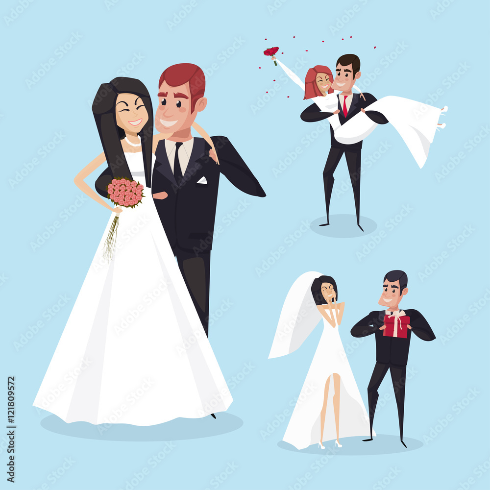 Set of wedding cartoon situations with the bride and groom. The characters design. Vector Set of wedding cartoon situations with the bride and groom. The characters design. Vector