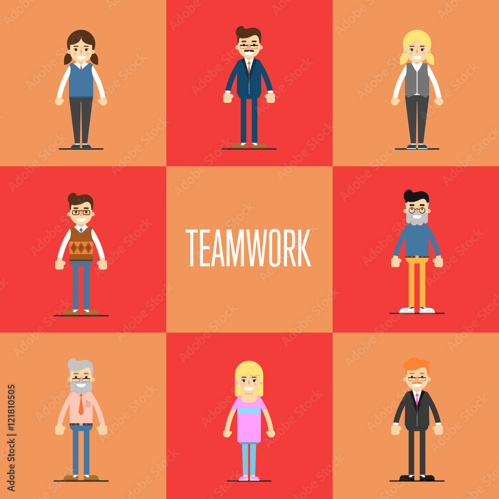 Smiling young cartoon people characters stand on red background. Teamwork concept, isolated vector illustration in flat design. Collaboration and partnership, working together. Business team Smiling young cartoon people characters stand on red background. Teamwork concept, isolated vector illustration in flat design. Collaboration and partnership, working together. Business team
