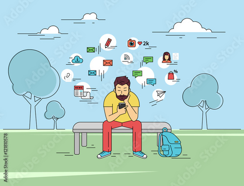 Young man is usung his smartphone outdoors. Flat outlined illustration of sending a message via chat to someone via chat with social media signs such as email, chat bubbles, blog, news around him photo