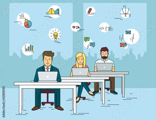 Busy students working at university and learning with laptop. Flat outlined illustration of people learn and get knowledge with social media symbols such as idea, diagram, email, exam, and coding