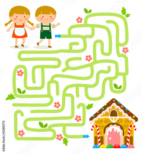 Maze game. Hansel and Gretel find the gingerbread house.