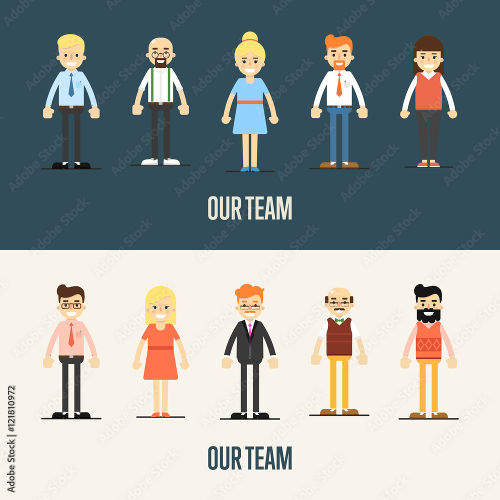 Group of smiling cartoon people standing on white and gray background. Our team banner, vector illustration. Teamwork and business team concept. Human resource management. Business success Group of smiling cartoon people standing on white and gray background. Our team banner, vector illustration. Teamwork and business team concept. Human resource management. Business success