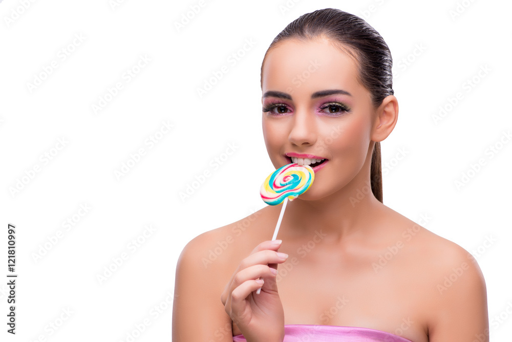 Woman with colourful lollipop isolated on white Woman with colourful lollipop isolated on white