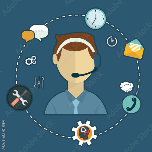 Business customer care service concept flat icons set of contact us support help desk phone call and website click for infographics design web elements vector illustration