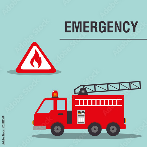 fire truck emergency vehicle rescue service and flame road sign. vector illustration