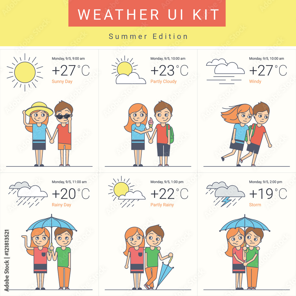 Flat weather widgets set with cute couple in six variants such as sunny day, cloudy, windy and rain with storm. Summer ui kit in flat style for website weather forecast or mobile app Flat weather widgets set with cute couple in six variants such as sunny day, cloudy, windy and rain with storm. Summer ui kit in flat style for website weather forecast or mobile app