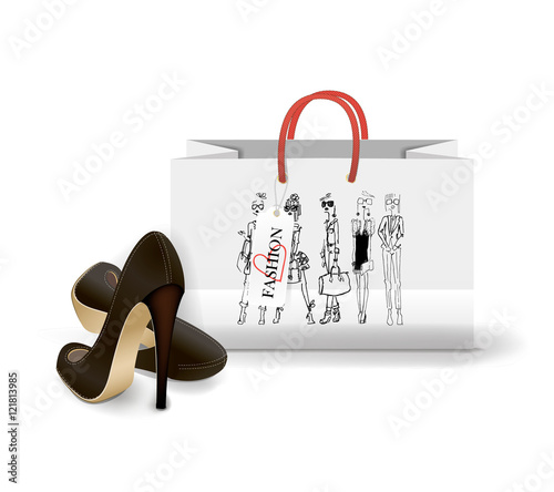 Shopping Bag with a print - Fashion illustration. ink sketch