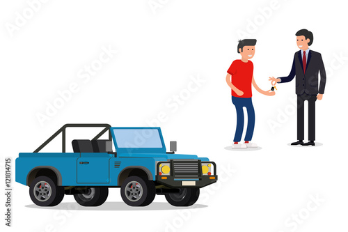 design concept of choice car, buying, sale, rent and hire cars . Vector, cool flat, illustration. Vector detailed character buyer and seller